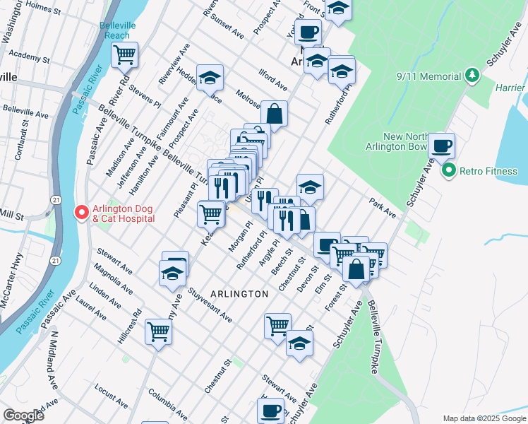 map of restaurants, bars, coffee shops, grocery stores, and more near 4 Rutherford Place in North Arlington