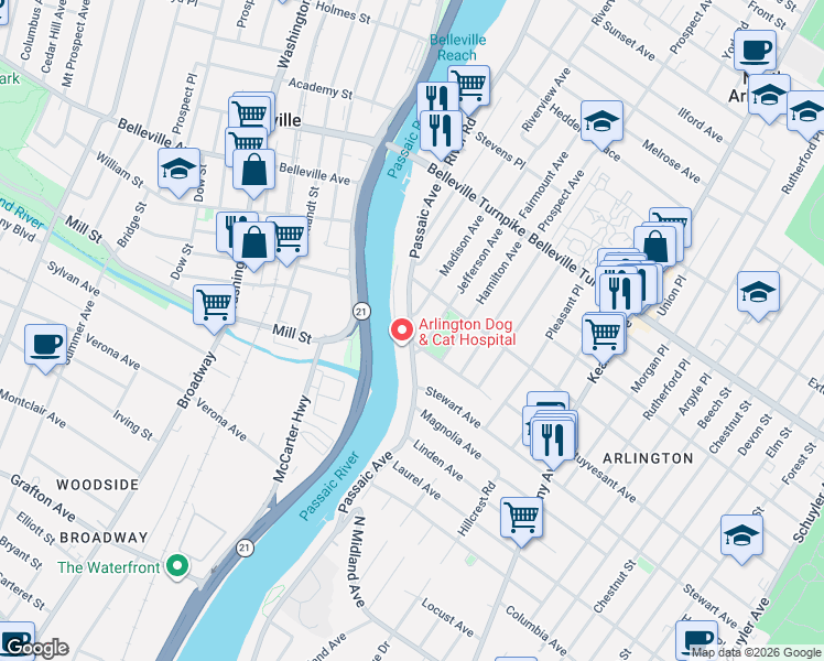 map of restaurants, bars, coffee shops, grocery stores, and more near 8 Bayard Avenue in Kearny