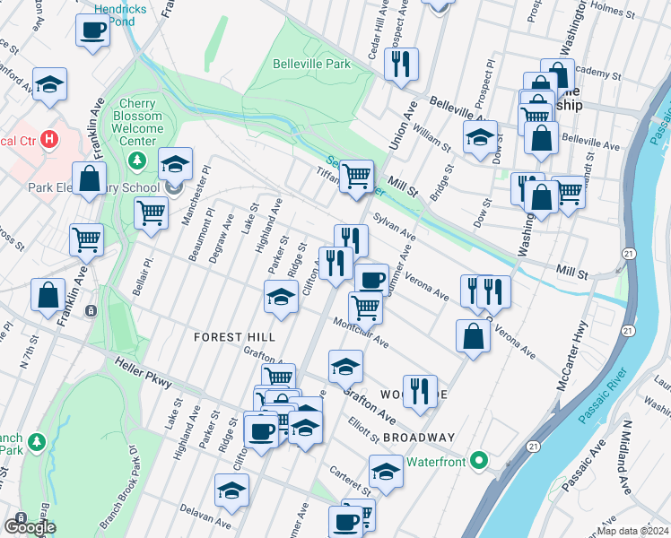 map of restaurants, bars, coffee shops, grocery stores, and more near 825 Mount Prospect Avenue in Newark