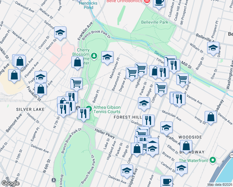 map of restaurants, bars, coffee shops, grocery stores, and more near 848-852 Lake Street in Newark