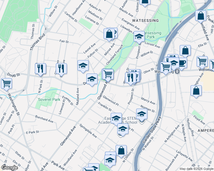 map of restaurants, bars, coffee shops, grocery stores, and more near 388 Glenwood Avenue in East Orange