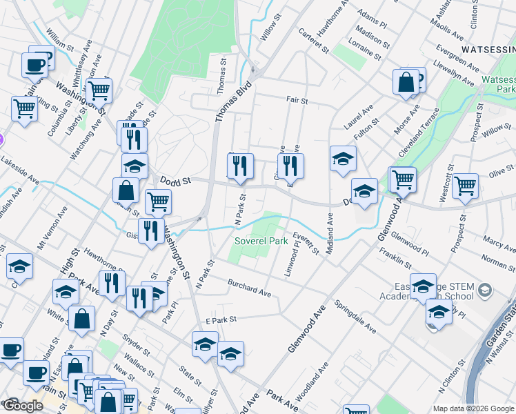 map of restaurants, bars, coffee shops, grocery stores, and more near 128 North Park Street in East Orange