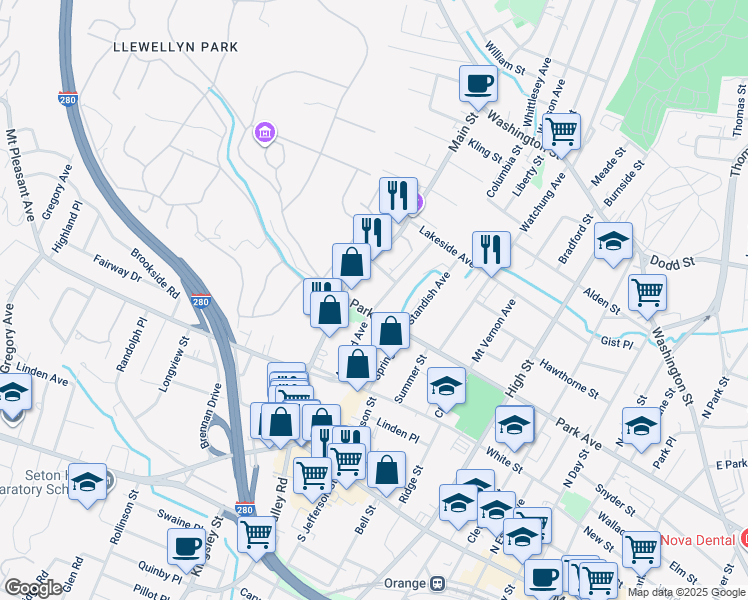 map of restaurants, bars, coffee shops, grocery stores, and more near 75 Ashland Avenue in West Orange