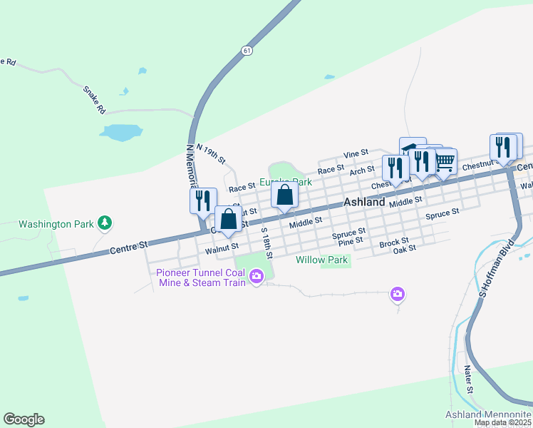 map of restaurants, bars, coffee shops, grocery stores, and more near 1727 Centre Street in Ashland