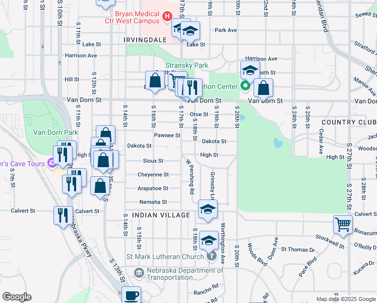 map of restaurants, bars, coffee shops, grocery stores, and more near 3225 West Pershing Road in Lincoln