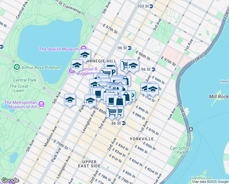 map of restaurants, bars, coffee shops, grocery stores, and more near 165 East 89th Street in New York