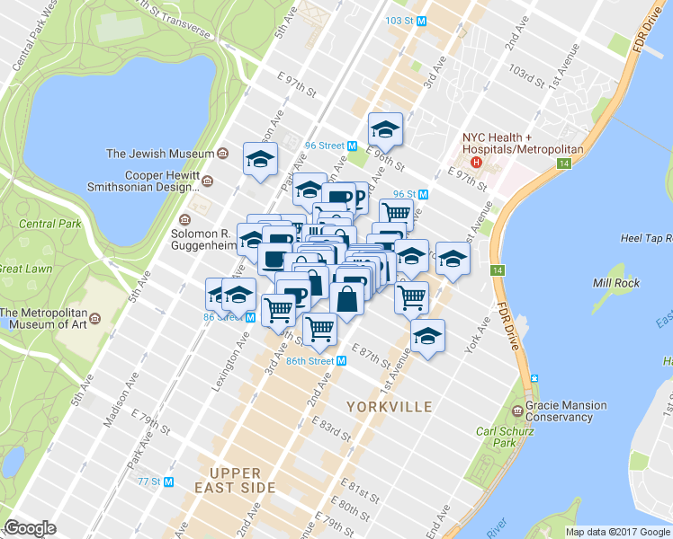 map of restaurants, bars, coffee shops, grocery stores, and more near 218 East 90th Street in New York