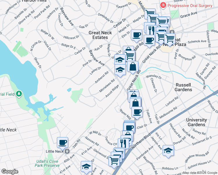 map of restaurants, bars, coffee shops, grocery stores, and more near 8 Ascot Ridge in Great Neck