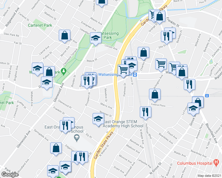map of restaurants, bars, coffee shops, grocery stores, and more near 32 Meadow Street in East Orange