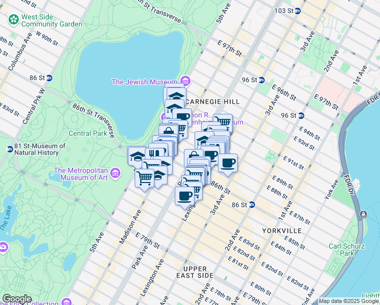 map of restaurants, bars, coffee shops, grocery stores, and more near 1040 Park Avenue in New York