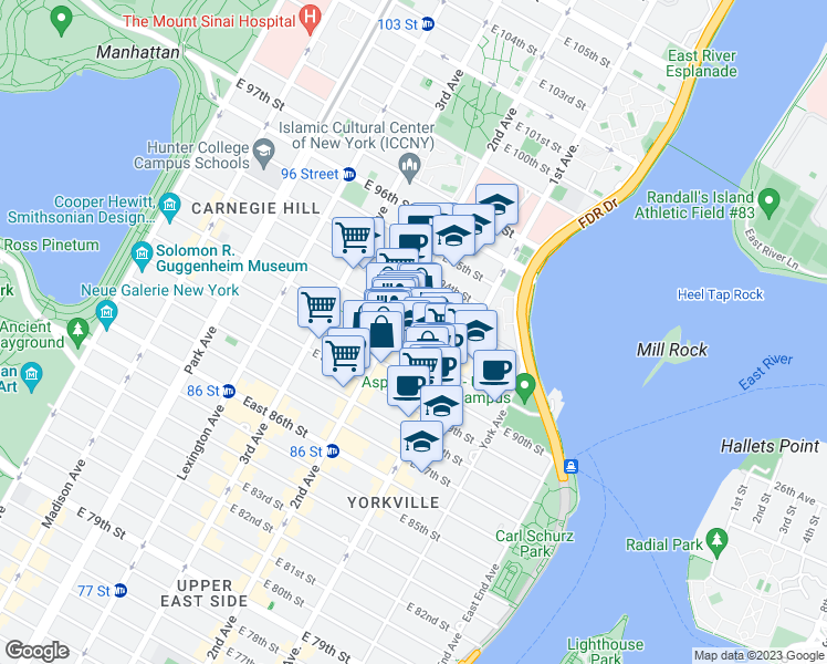 map of restaurants, bars, coffee shops, grocery stores, and more near 308 East 92nd Street in New York
