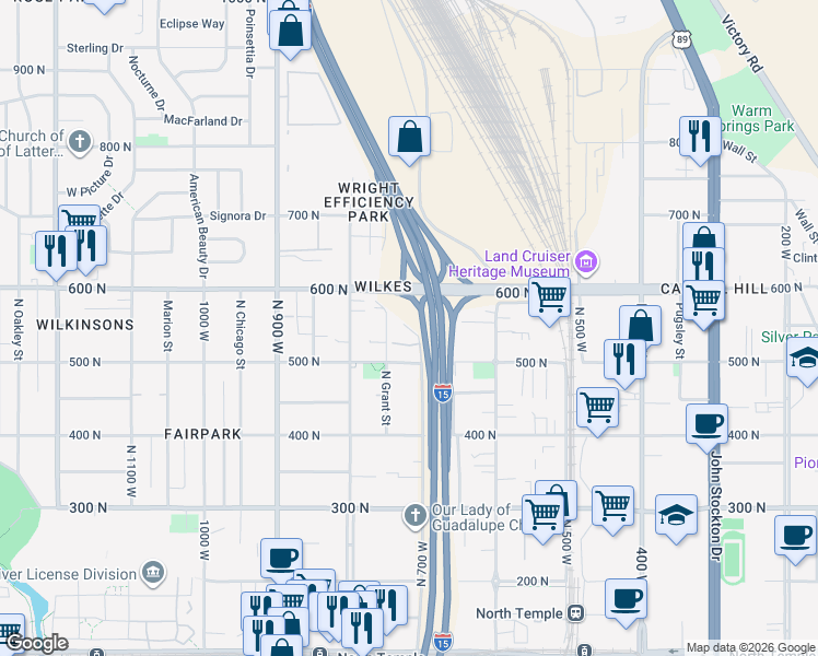 map of restaurants, bars, coffee shops, grocery stores, and more near 505 North Bright Court in Salt Lake City