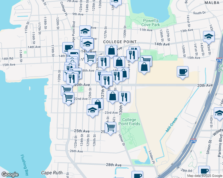 map of restaurants, bars, coffee shops, grocery stores, and more near 20-39 128th Street in Queens