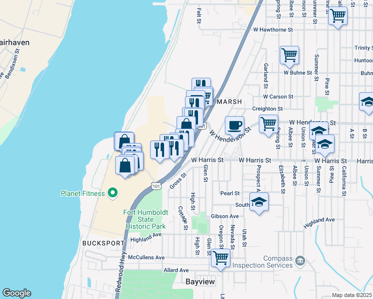 map of restaurants, bars, coffee shops, grocery stores, and more near 1200 West Harris Street in Eureka