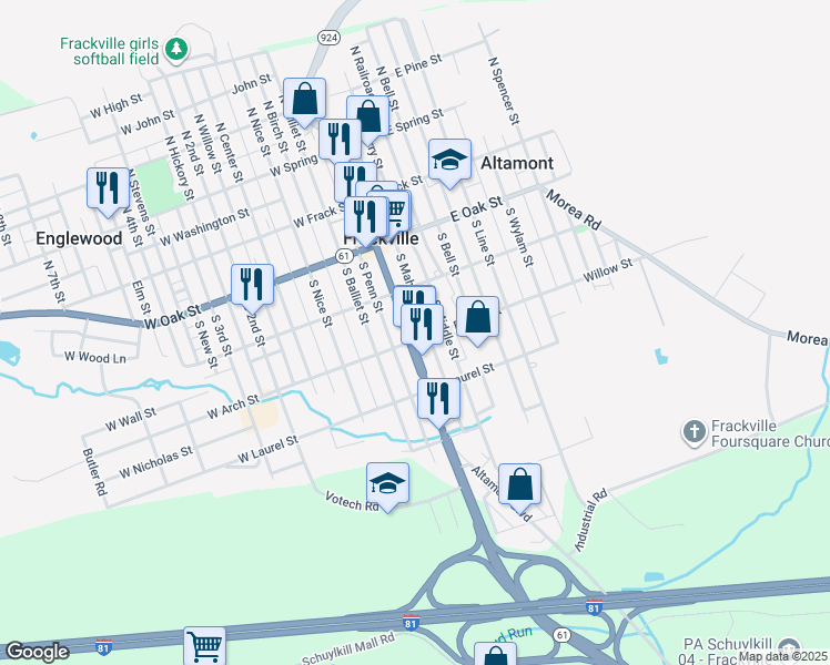 map of restaurants, bars, coffee shops, grocery stores, and more near 321 South Lehigh Avenue in Frackville