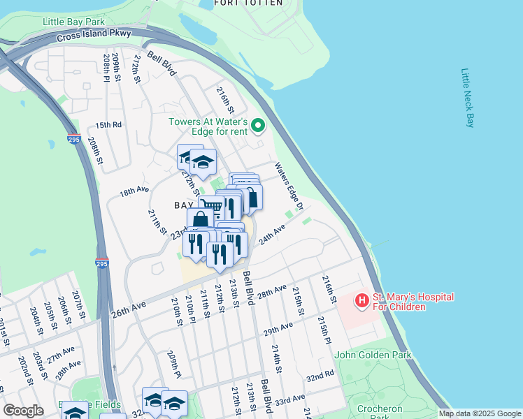 map of restaurants, bars, coffee shops, grocery stores, and more near 23-55 Bell Boulevard in Queens