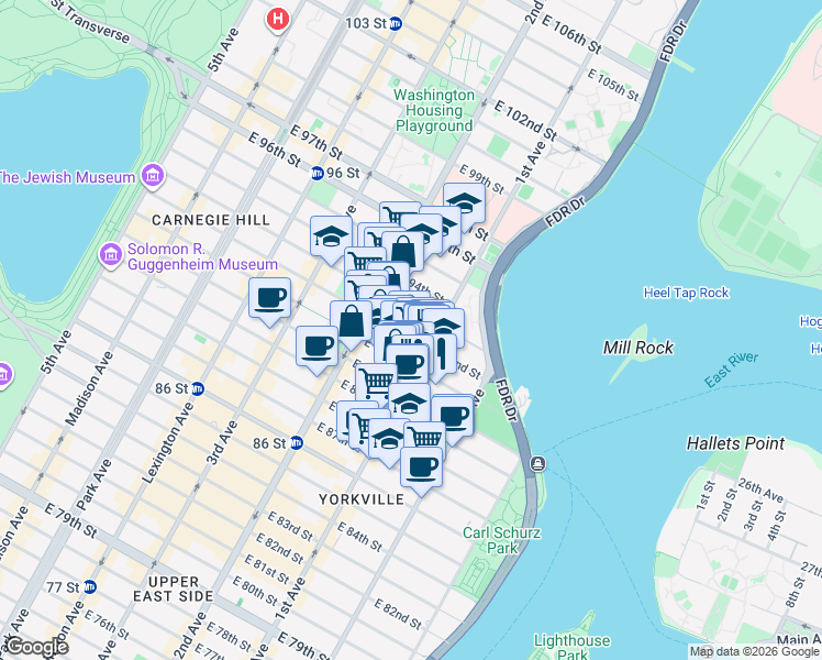 map of restaurants, bars, coffee shops, grocery stores, and more near 333 East 91st Street in New York