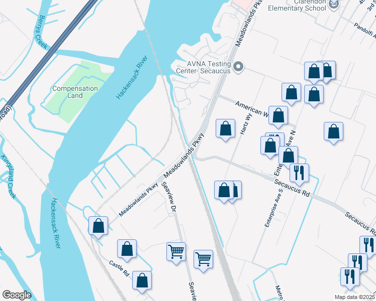 map of restaurants, bars, coffee shops, grocery stores, and more near 30 Seaview Drive in Secaucus