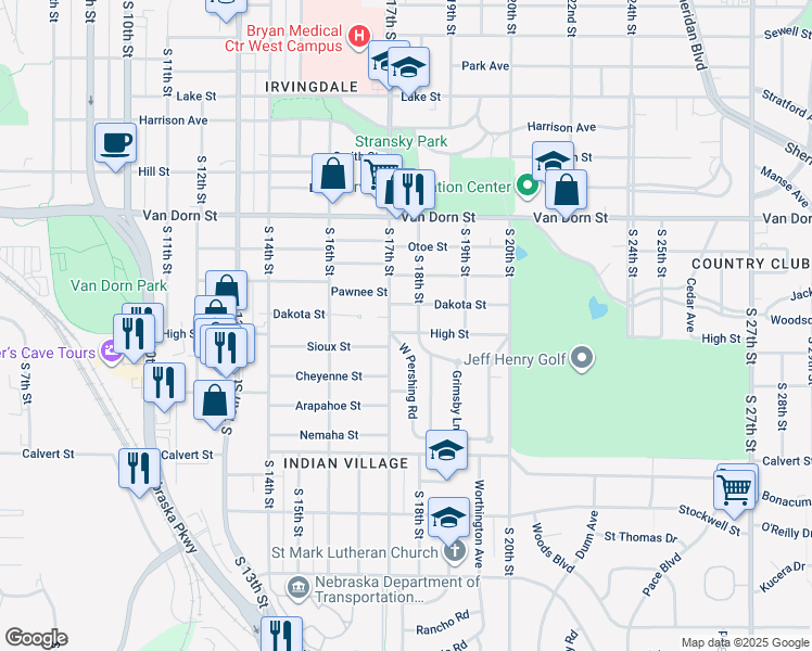map of restaurants, bars, coffee shops, grocery stores, and more near 3225 West Pershing Road in Lincoln