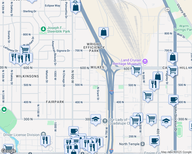 map of restaurants, bars, coffee shops, grocery stores, and more near 535 North Grant Street in Salt Lake City