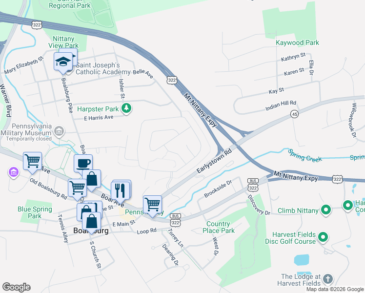 map of restaurants, bars, coffee shops, grocery stores, and more near 106 Settlers Way in Boalsburg