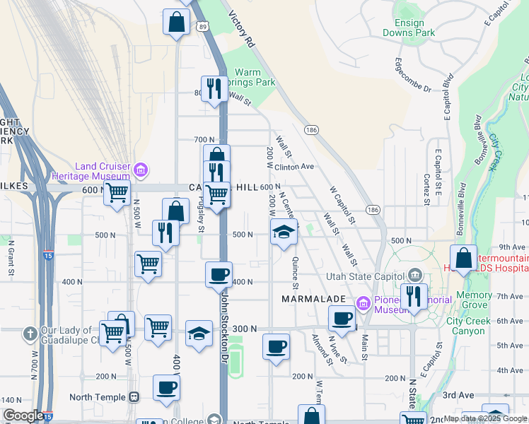 map of restaurants, bars, coffee shops, grocery stores, and more near 537 North 200 West in Salt Lake City