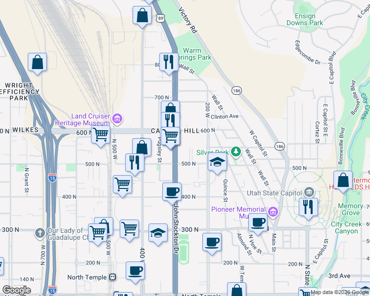 map of restaurants, bars, coffee shops, grocery stores, and more near 260 West 500 North in Salt Lake City
