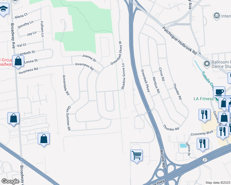map of restaurants, bars, coffee shops, grocery stores, and more near 49 Shadow Grove Lane in Holbrook