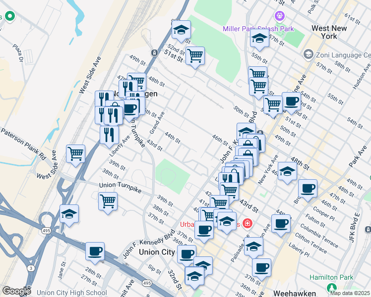 map of restaurants, bars, coffee shops, grocery stores, and more near 1410 44th Street in North Bergen