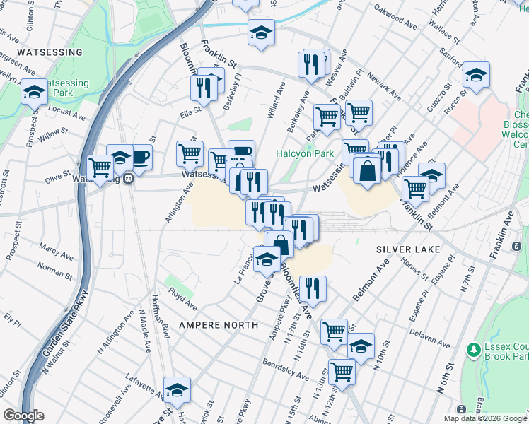 map of restaurants, bars, coffee shops, grocery stores, and more near 175 Watsessing Avenue in Bloomfield