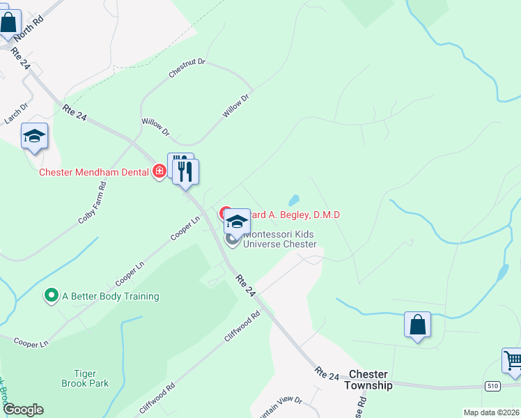 map of restaurants, bars, coffee shops, grocery stores, and more near 3 Esther Court in Chester