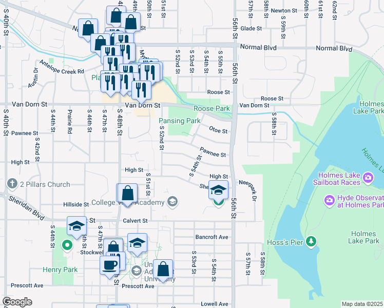 map of restaurants, bars, coffee shops, grocery stores, and more near 3021 South 53rd Street in Lincoln
