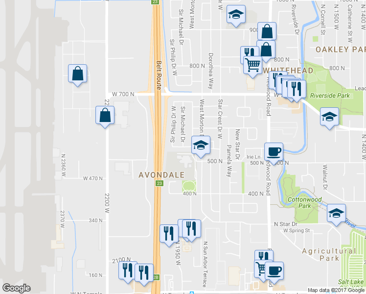 map of restaurants, bars, coffee shops, grocery stores, and more near Sir Robert Drive in Salt Lake City