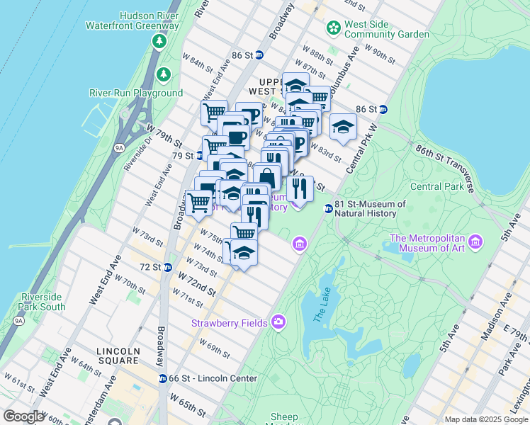 map of restaurants, bars, coffee shops, grocery stores, and more near 48 West 78th Street in New York