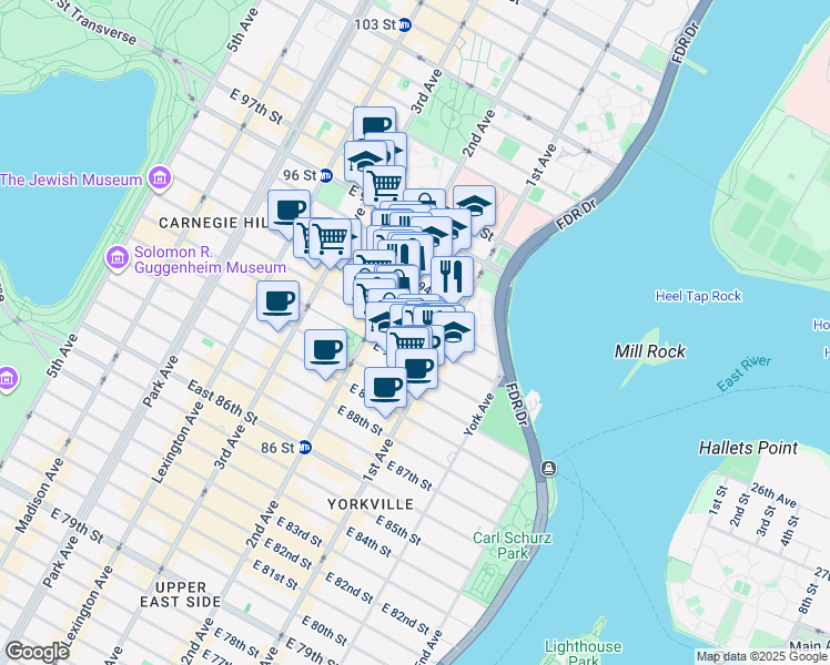 map of restaurants, bars, coffee shops, grocery stores, and more near 327 East 92nd Street in New York