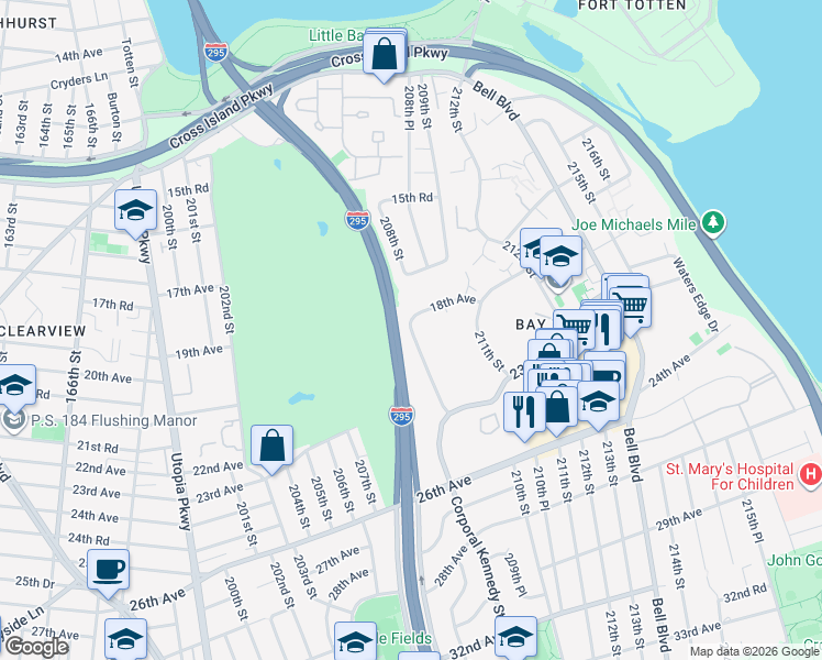 map of restaurants, bars, coffee shops, grocery stores, and more near 209-25 18th Avenue in Queens