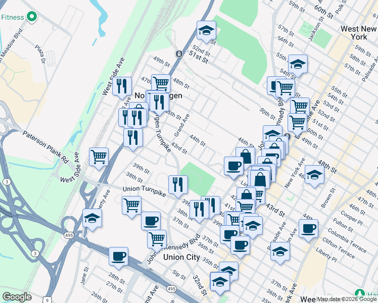 map of restaurants, bars, coffee shops, grocery stores, and more near 4317 Cottage Avenue in North Bergen