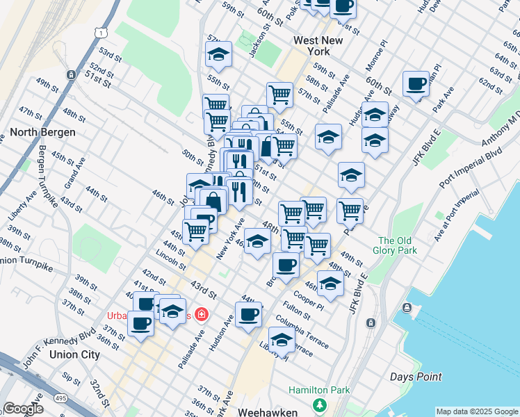 map of restaurants, bars, coffee shops, grocery stores, and more near 305 49th Street in Union City