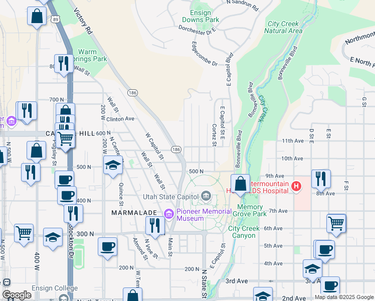 map of restaurants, bars, coffee shops, grocery stores, and more near 548 Columbus Street East in Salt Lake City