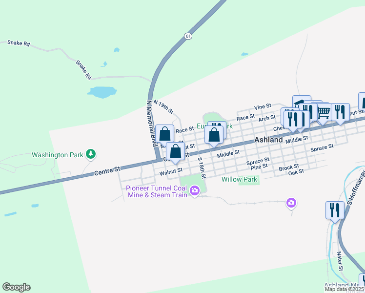 map of restaurants, bars, coffee shops, grocery stores, and more near 28 North 19th Street in Ashland