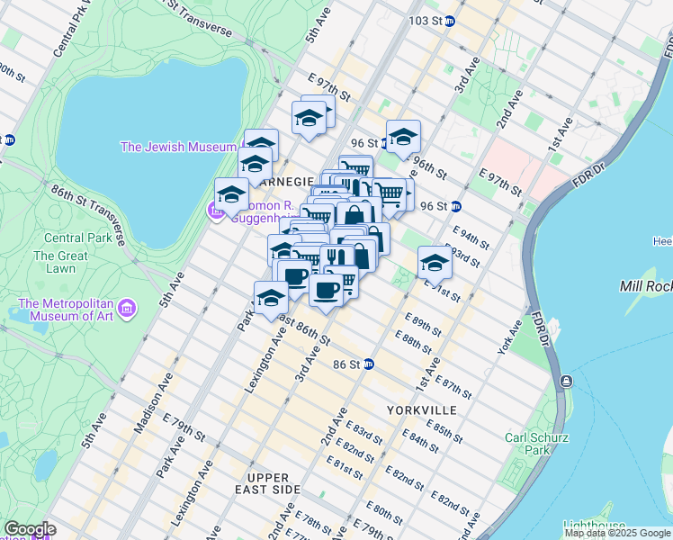 map of restaurants, bars, coffee shops, grocery stores, and more near 161 East 90th Street in New York