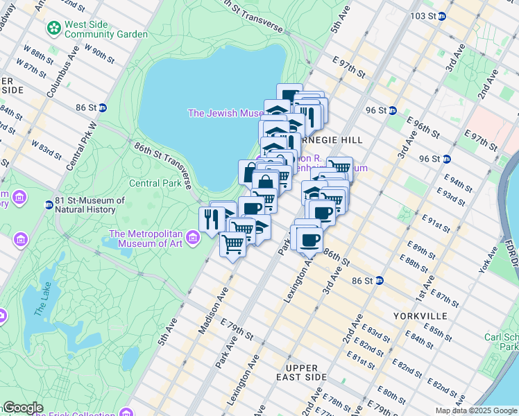 map of restaurants, bars, coffee shops, grocery stores, and more near 13 East 86th Street in New York