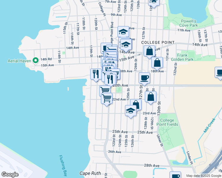 map of restaurants, bars, coffee shops, grocery stores, and more near 18-43 121st Street in Queens