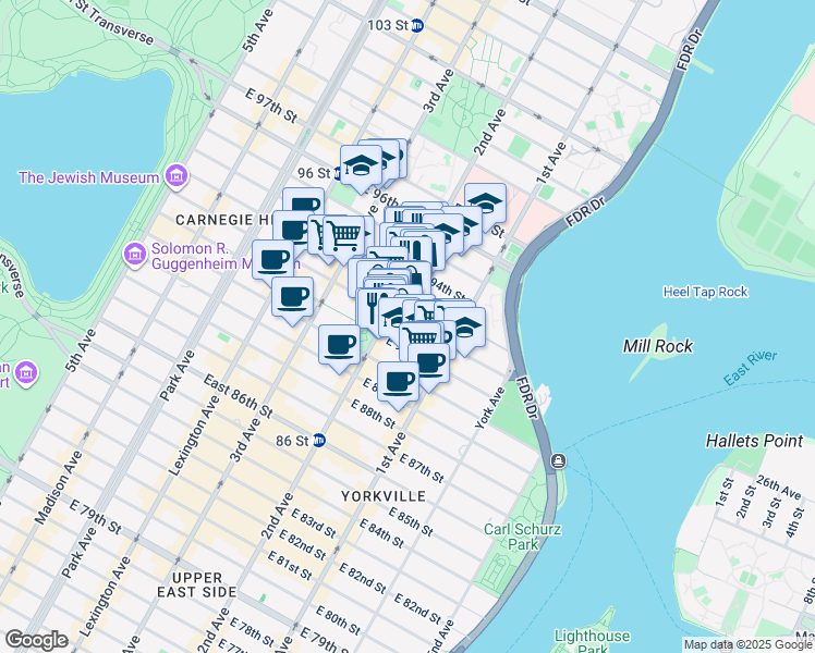 map of restaurants, bars, coffee shops, grocery stores, and more near 240 East 93rd Street in New York