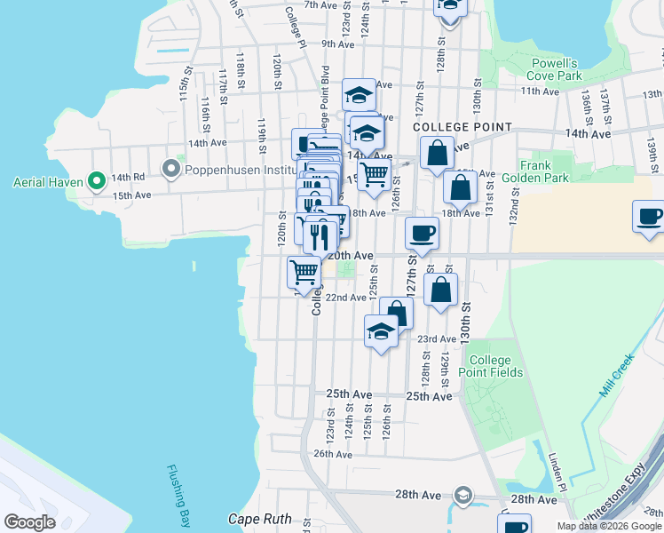 map of restaurants, bars, coffee shops, grocery stores, and more near 18-40 123rd Street in Queens