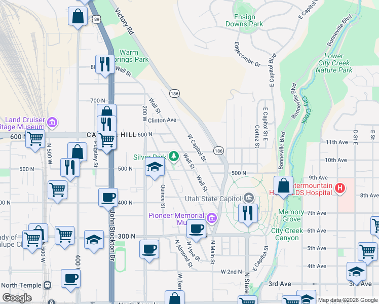map of restaurants, bars, coffee shops, grocery stores, and more near 580 West Capitol Street in Salt Lake City