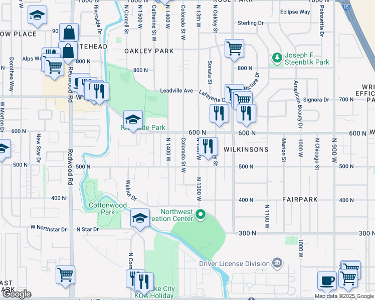 map of restaurants, bars, coffee shops, grocery stores, and more near 563 Colorado Street West in Salt Lake City
