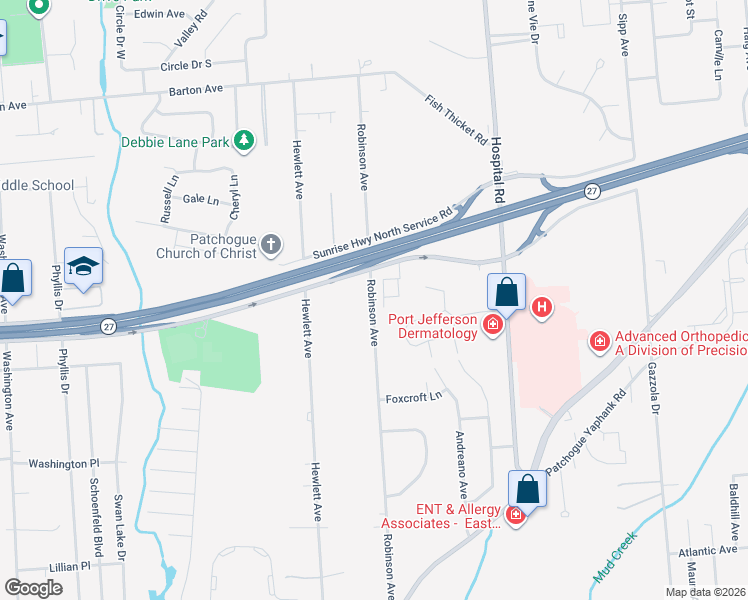 map of restaurants, bars, coffee shops, grocery stores, and more near 311 Robinson Avenue in East Patchogue