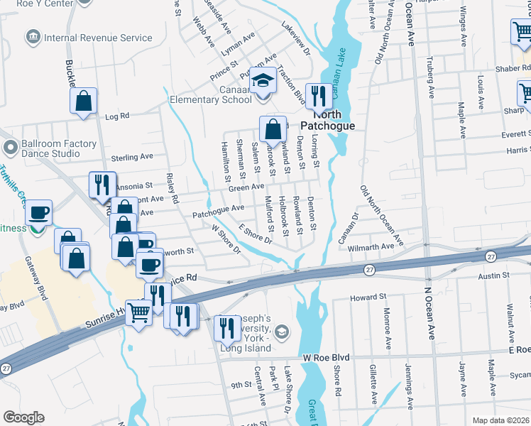 map of restaurants, bars, coffee shops, grocery stores, and more near 85 Sherman Street in Patchogue