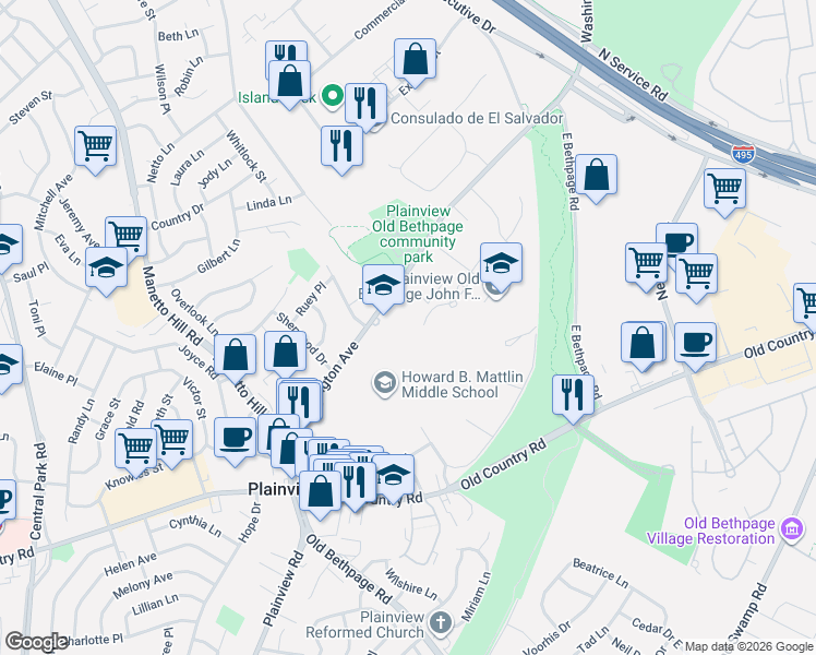 map of restaurants, bars, coffee shops, grocery stores, and more near 144 Washington Avenue in Plainview